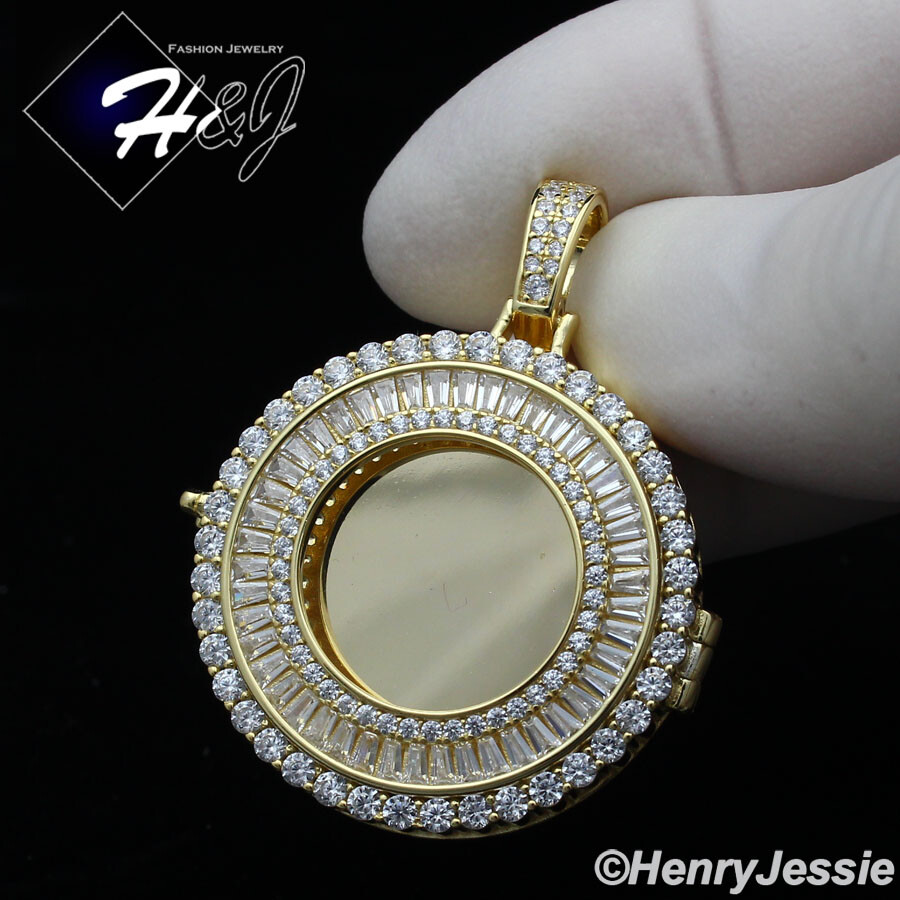 925 STERLING SILVER CUBIC ZIRCONIA GOLD PALTED PHOTO LOCKET ROUND PENDANT*GP317