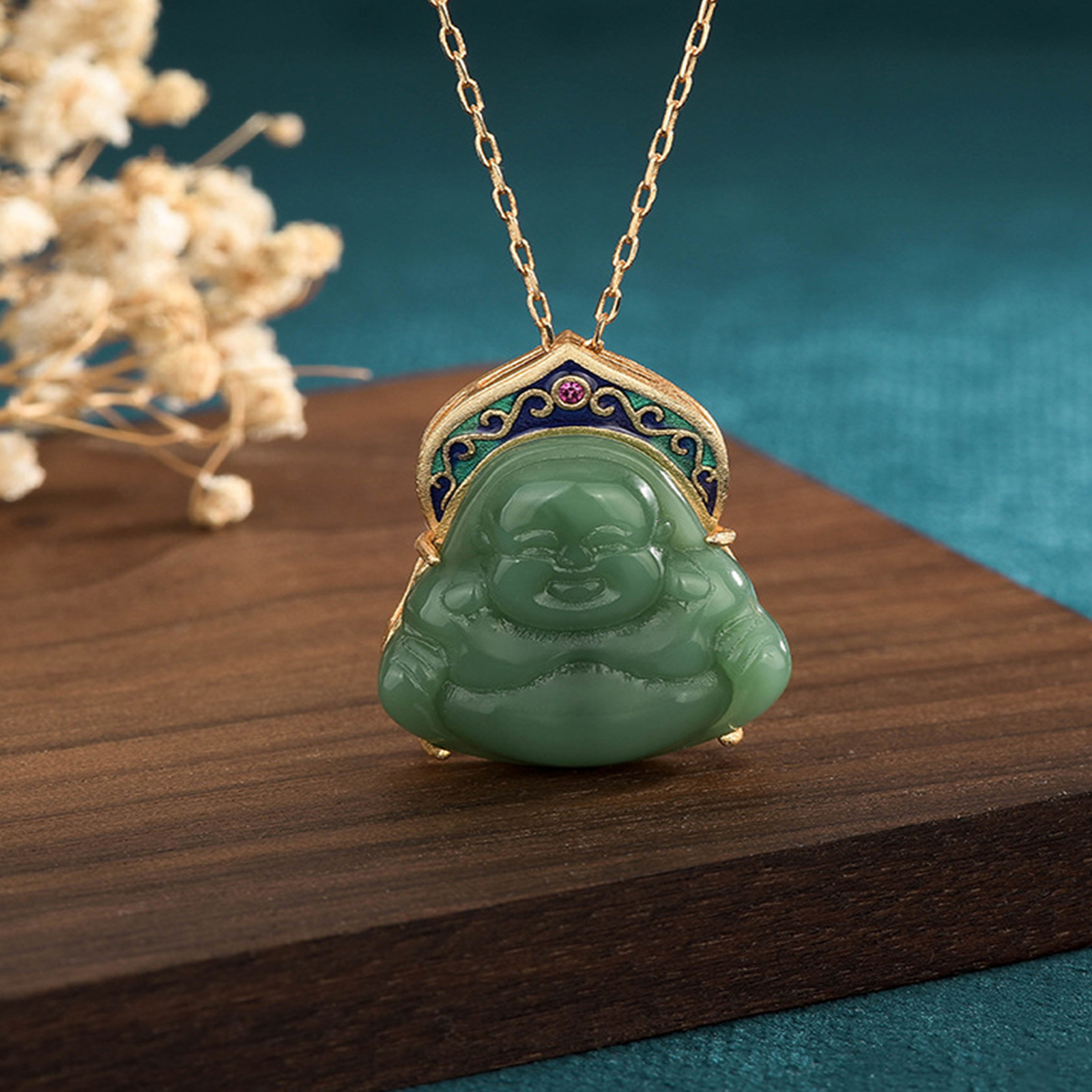 Jade-Anh?nger-Halskette Buddha vergoldeter Kette ethnisches Edelstein Geschenk