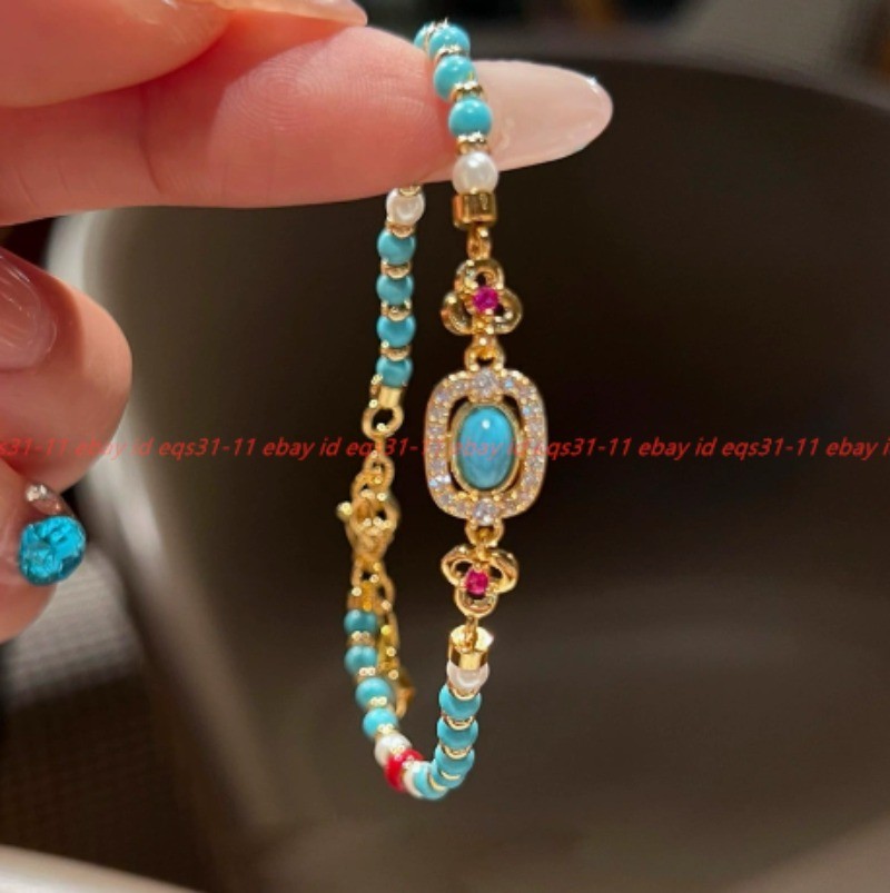 Pretty Natural Blue Turquoise White Shell Pearl Gems Round Beads Bracelet 18cm