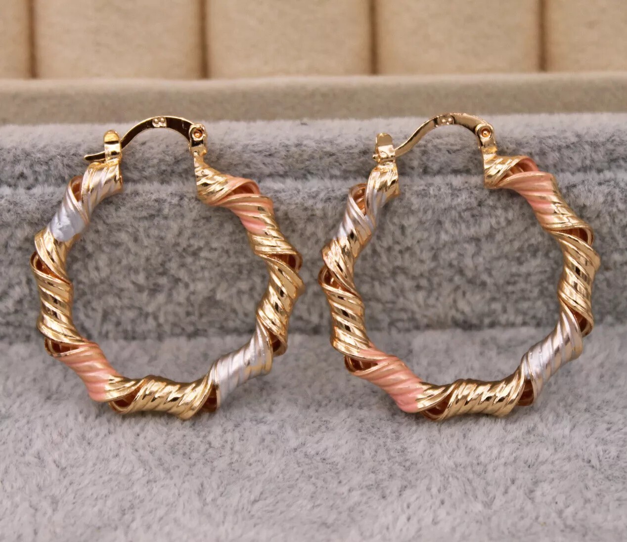 Pretty 18K Yellow Gold Filled Enamel Tri-Color Twist 1.25″ Round Hoop Earrings