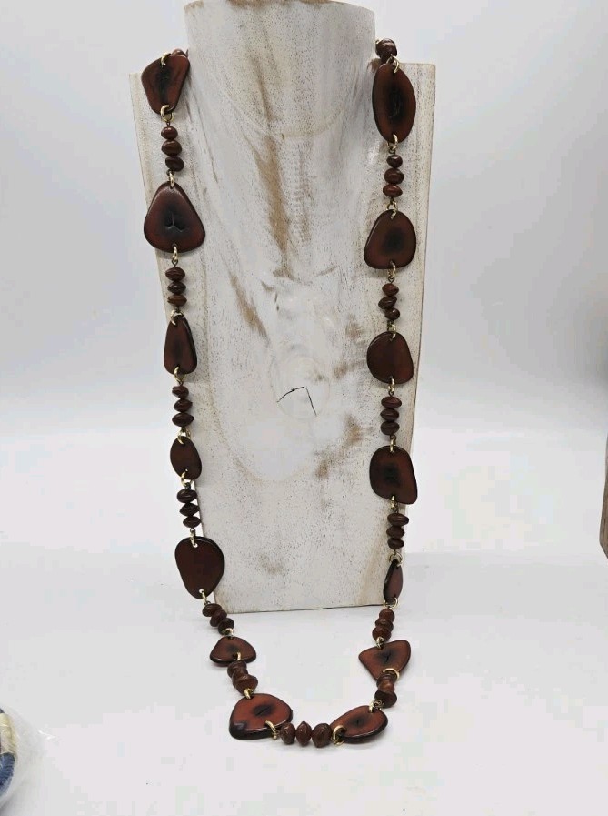 Chunky Tagua Nut Necklace Tan Organic Statement Tribal Boho Vintage 34 in