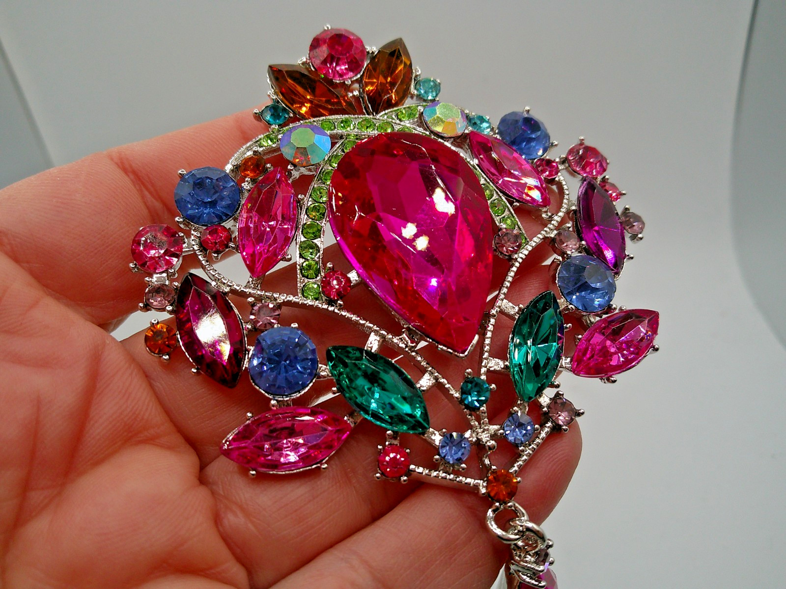 Pink Blue Large Rhinestone dangler brooch Pin ~ Retro ~ 3.9″ (E7)