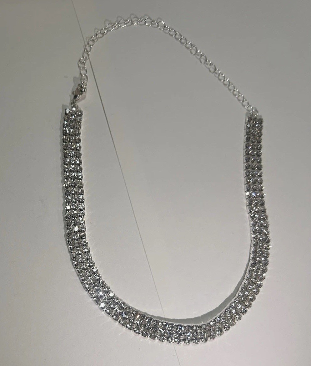 Iced Out CZ Tennis Necklace Silver Plated Adjustable 11.5-18in Chain