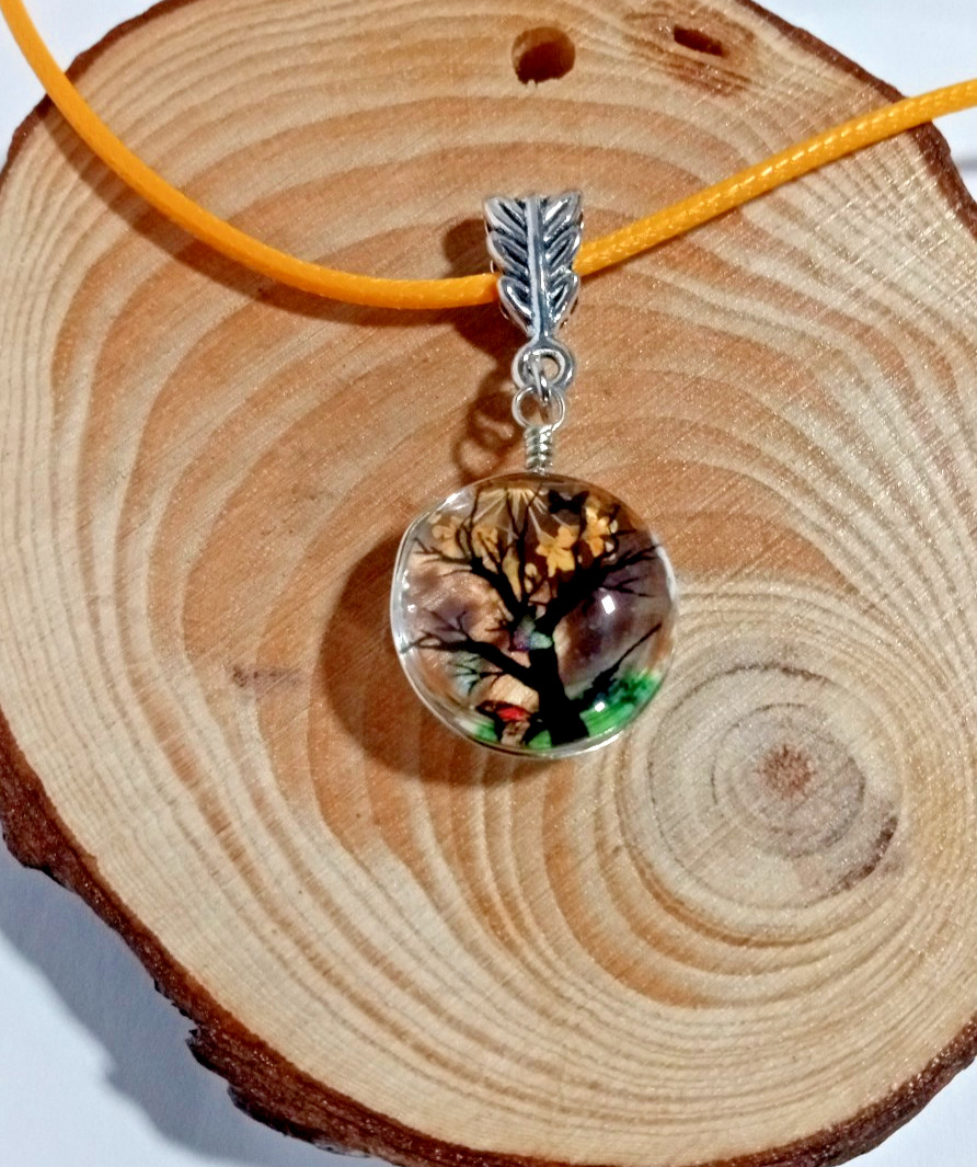 Pressed Flower Tree Charm Pendant Necklace Yellow/Orange Butterfly NEW!