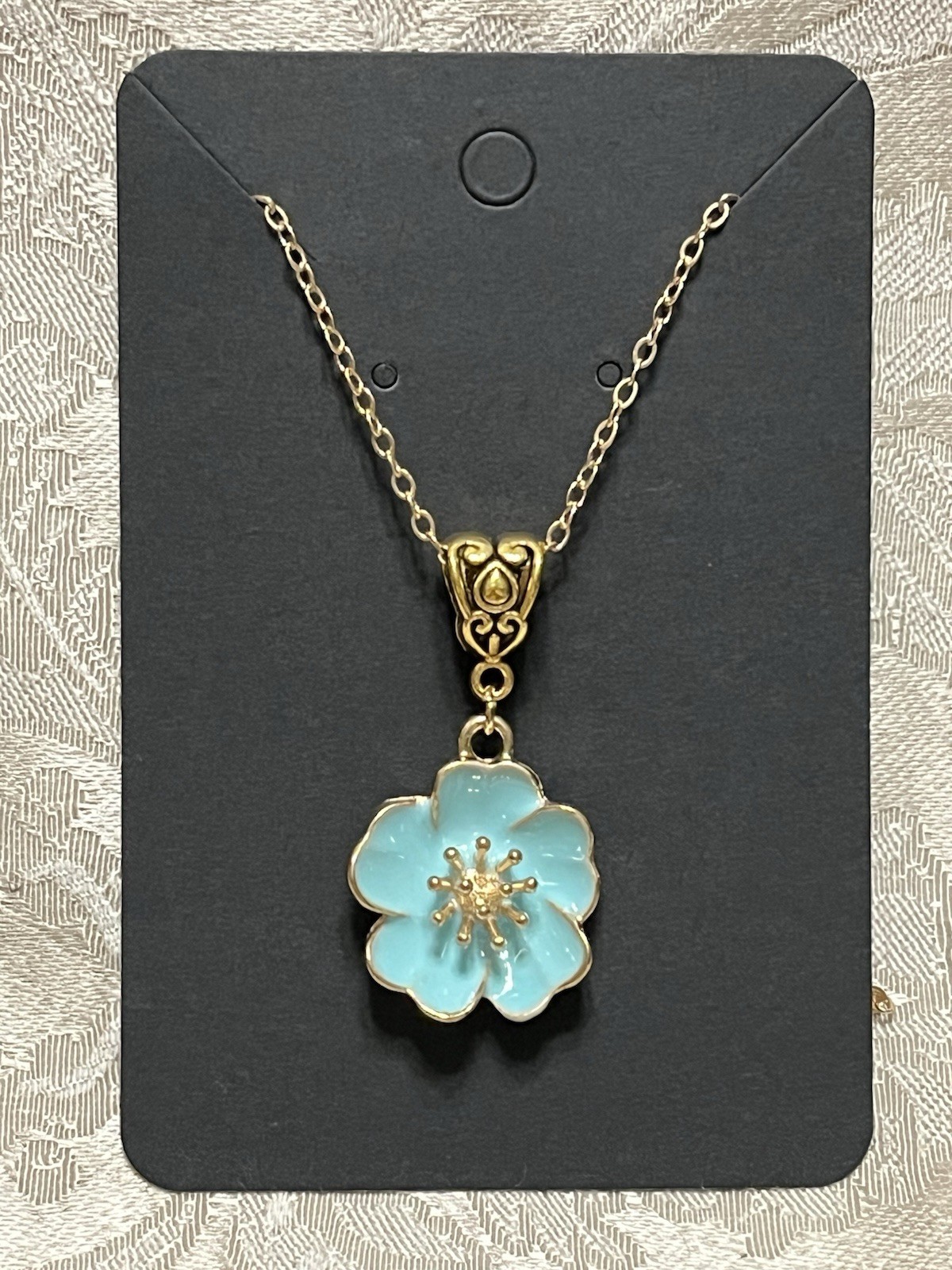Aqua Camellia Flower Enamel Pendant Gold Necklace Bohemian Floral Novelty 18”