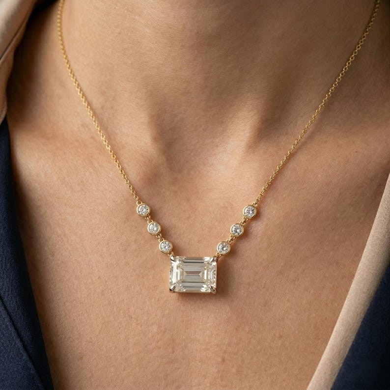 East West Emerald Moissanite 14K Gold Side Round Layering Pendant Necklace