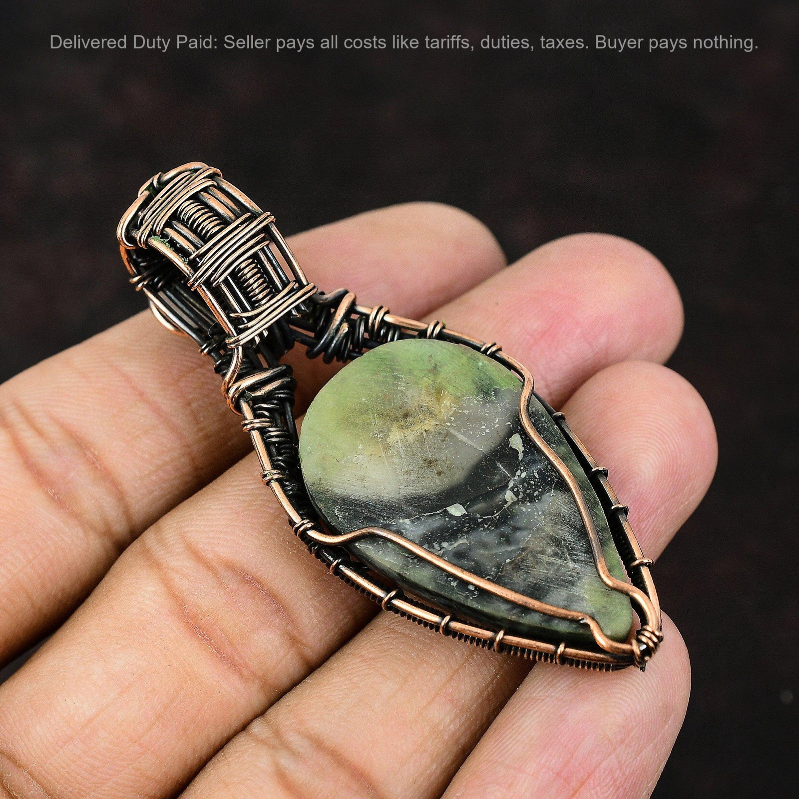 Copper Picasso Jasper Stone Rainbow Moonstone Boho Wire Wrapped Pendant Jewelry