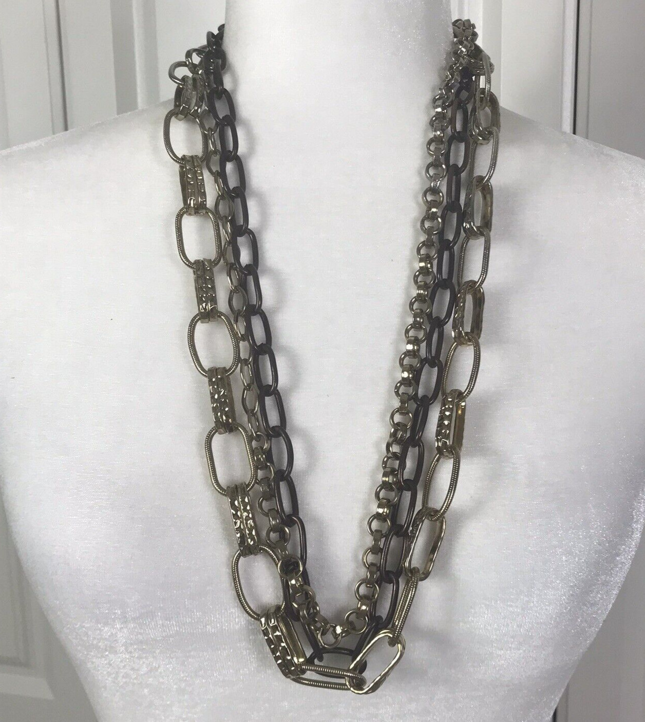 Bill Blass Gold Silver Bronze Chunky 3 Strand Open Link Chain Statement Necklace