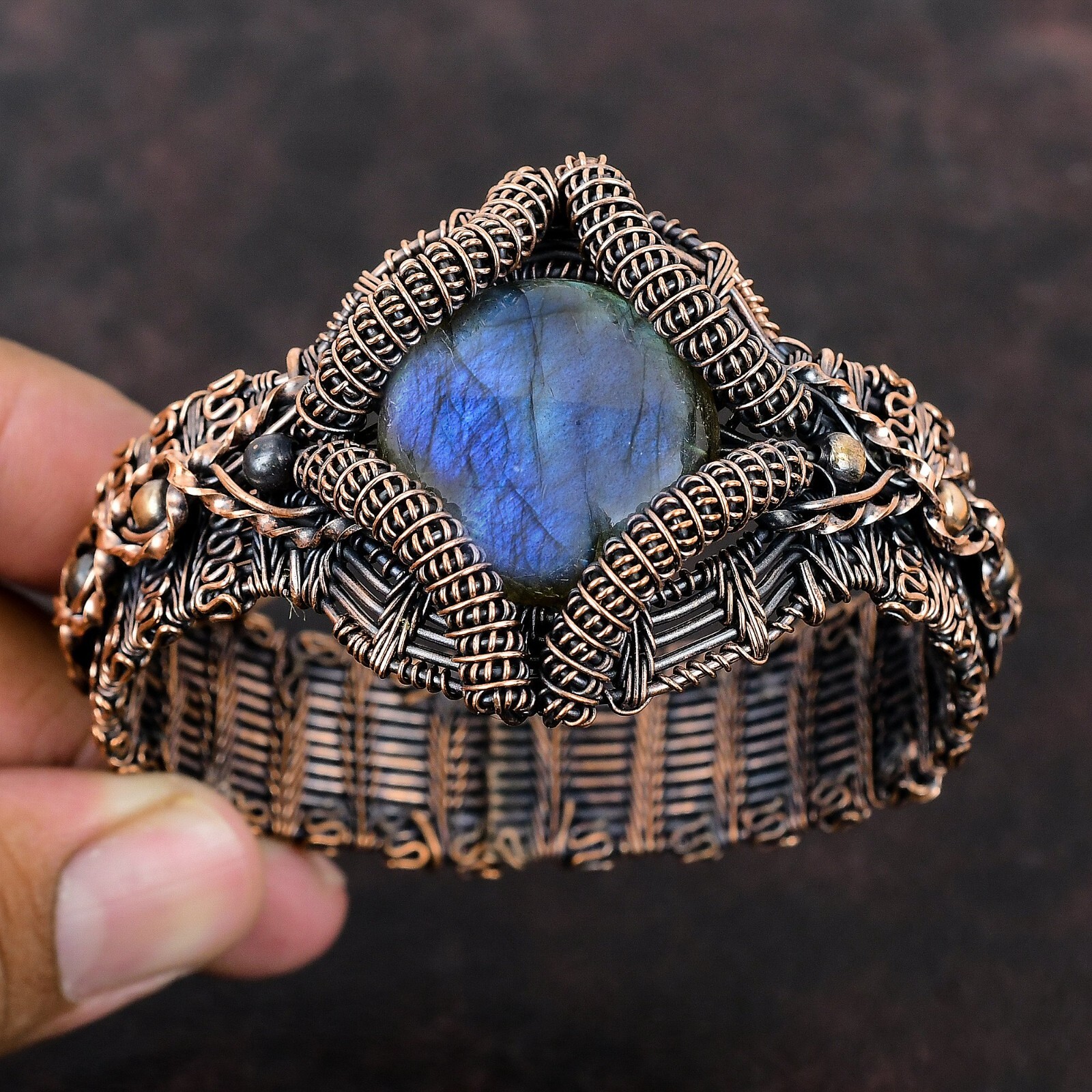 Birthday Gift For Her Labradorite Wire Wrapped Adjustable Bangle Copper Jewelry