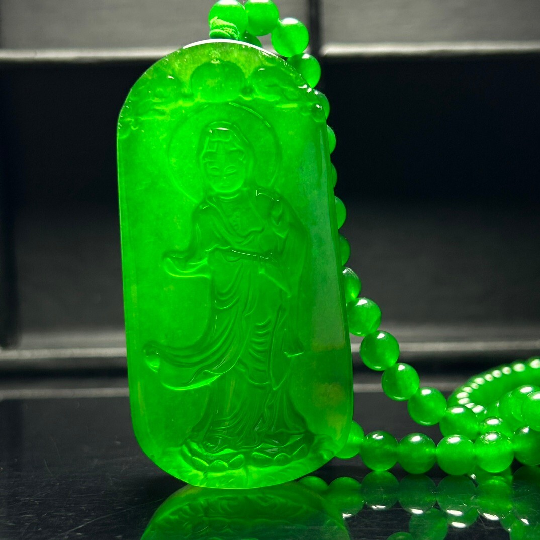 Certified Natural Ice Green jade Jadeite Carved Guanyin Pendant&Necklaces 站观音