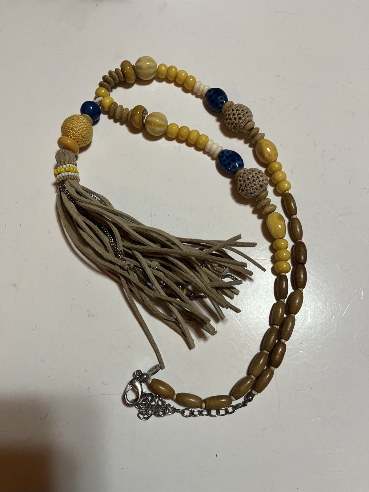Chico’s Wood & Ceramic Bead Leather Tassel Lariat Necklace Yellow Blue 24”