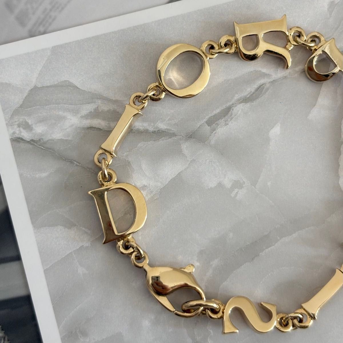 Christian Dior Logo Letters Chain Bracelet Gold Tone Accessory 19.5cm w/Box