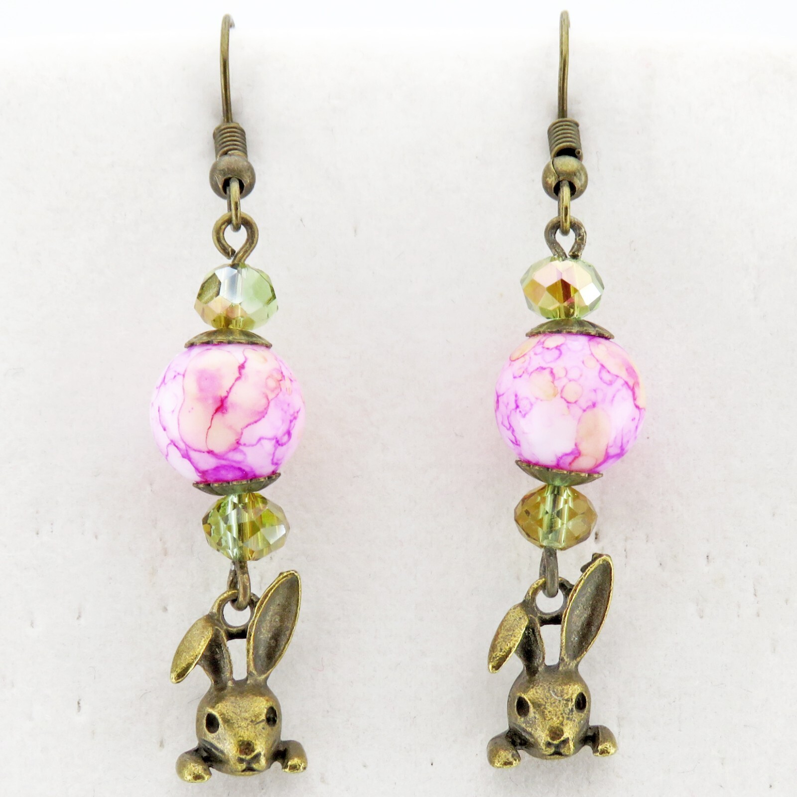 Pink Glass and Antique Gold Tone Metal Easter Bunny Earrings By SoniaMcD