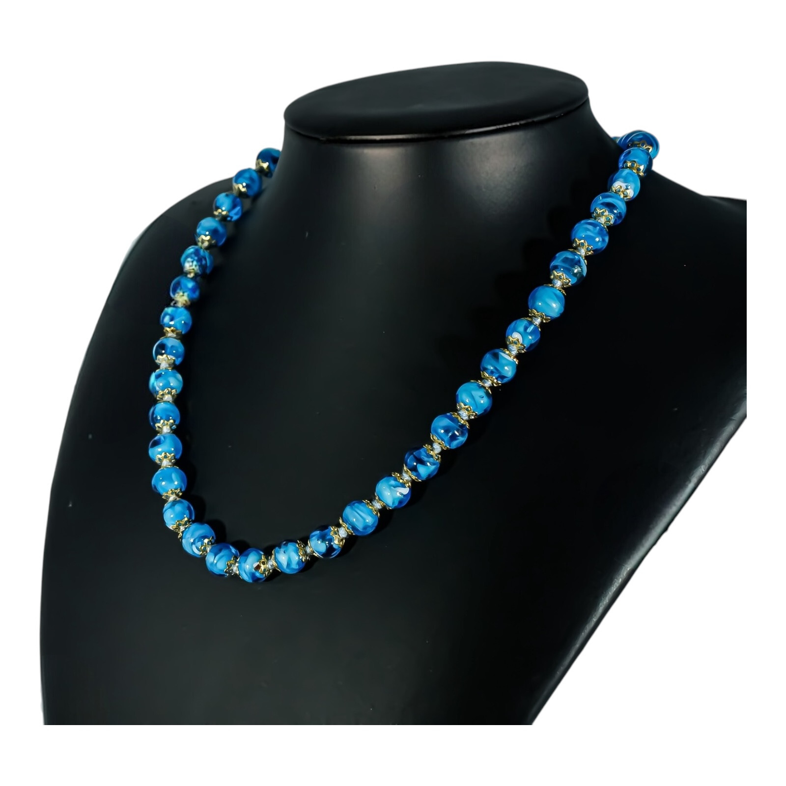 Murano Glass Necklace Bright Blue Gold 42 Sommerso Beads 46cm Venice