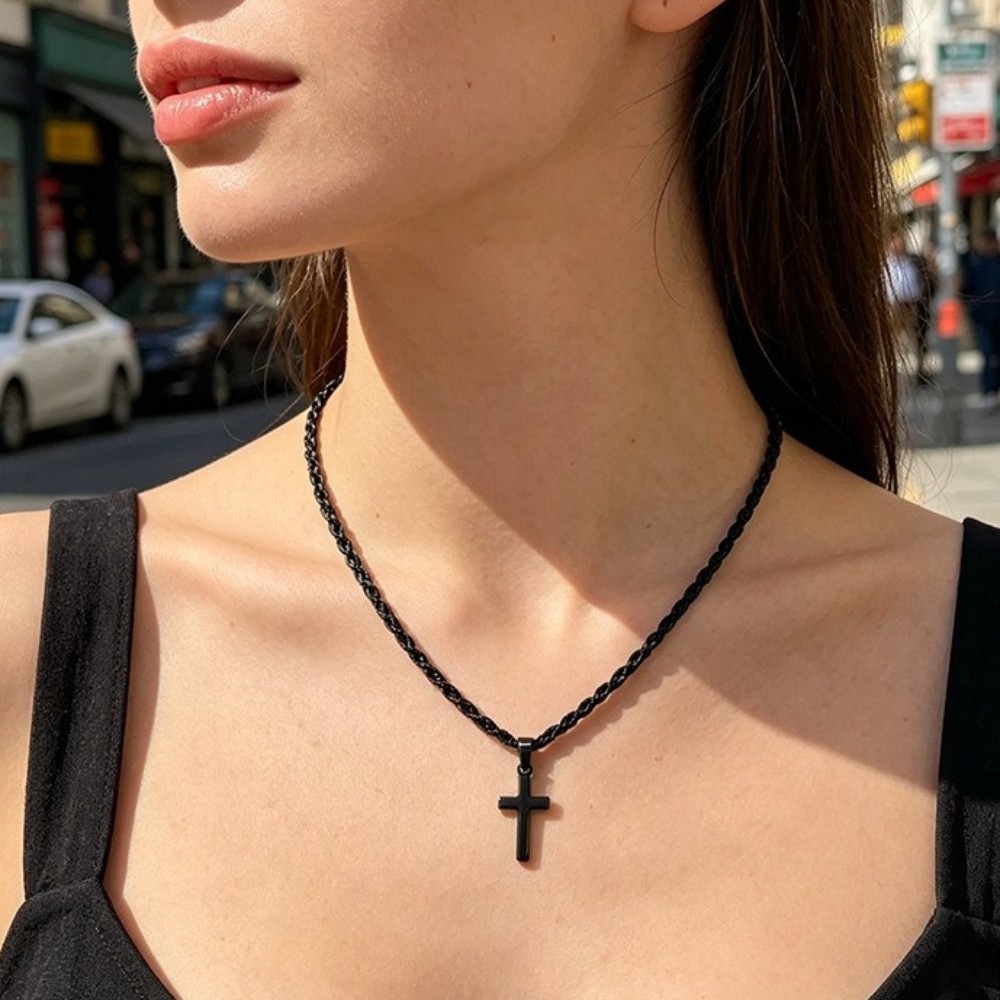 316 Stainless Cross Pendant Twisted Rope Chain Necklace Women Daily Jewelry