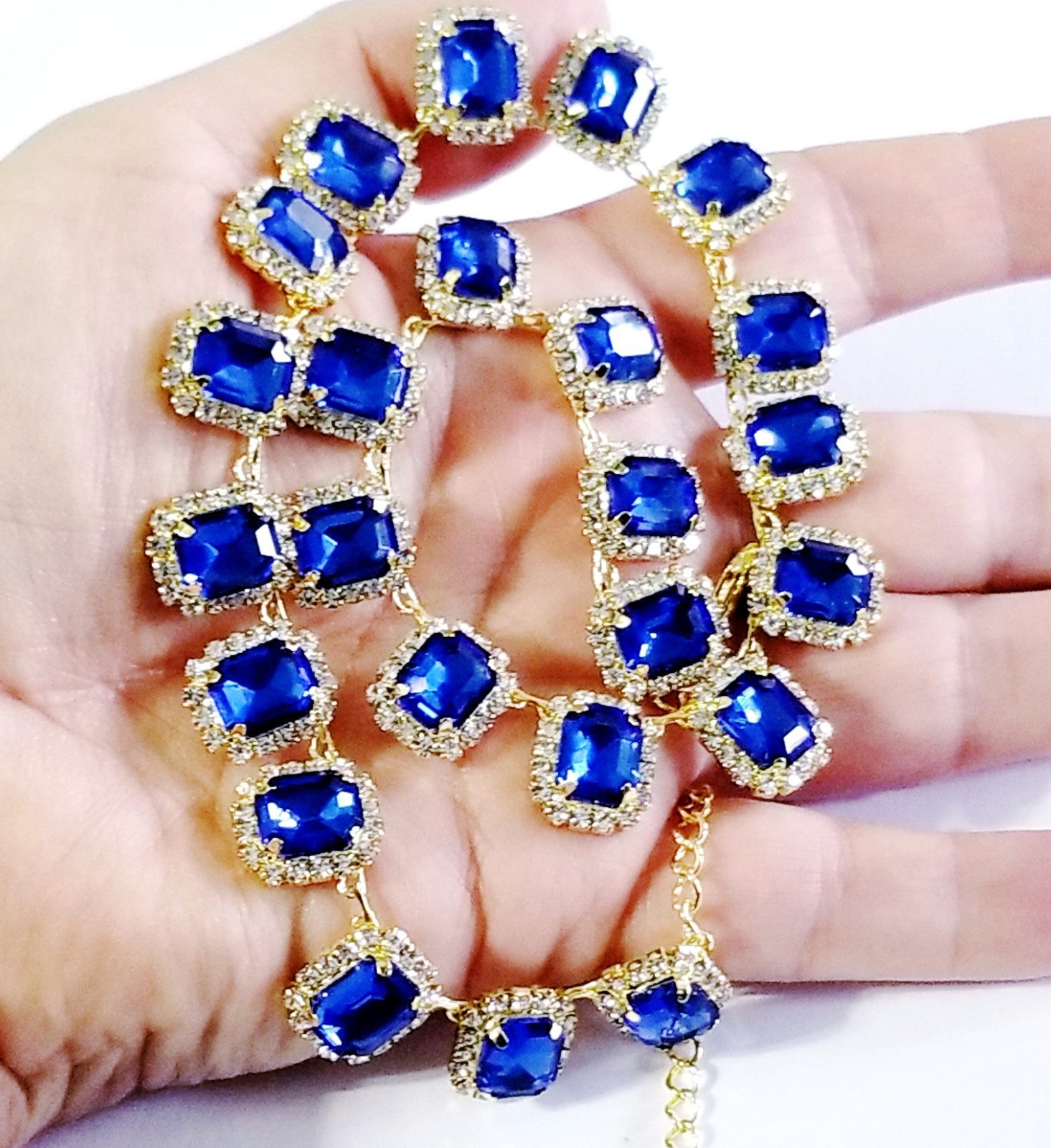 Blue Statement Choker Rhinestone Necklace Bridal Prom Pageant Jewelry