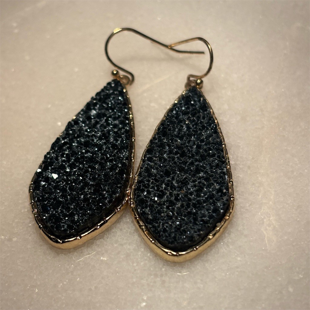 Teardrop Druzy Dangle Drop Earrings Black Gold Tone Hook 2in