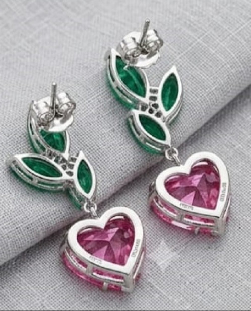 6ct Heart Simulated Pink Ruby/Emerald Drop Stud Earrings 14k White Gold Finish