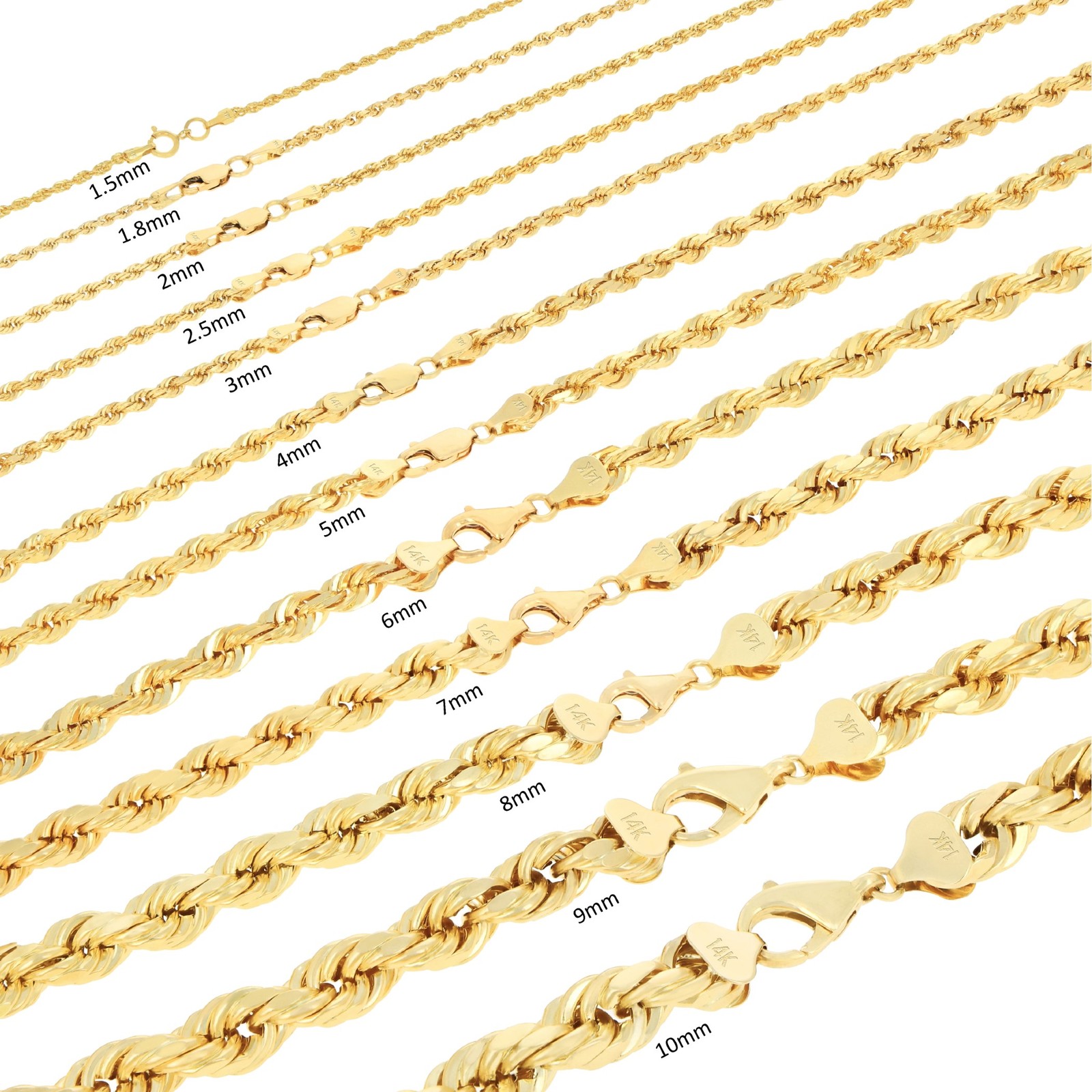 14K Yellow Gold 1.5mm-10mm Solid Diamond Cut Rope Chain Bracelet 7″ 7.5″ 8″ 9″
