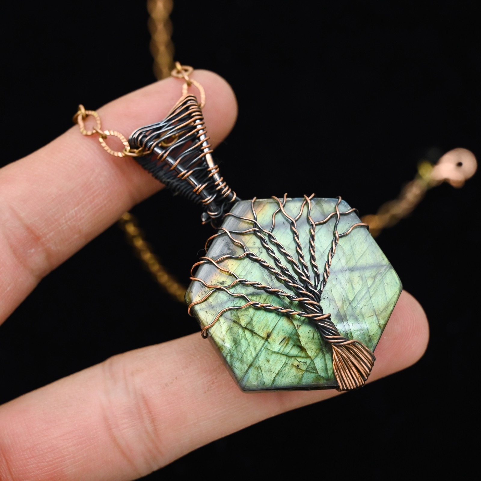 Copper Wire Wrapped Labradorite Hexagon Tree of Life Pendant | Artisan Gemstone