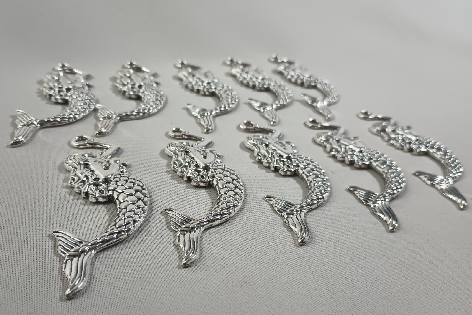 10 Mermaid Pendants 3″ NEW Ancient Silver Tone Metal Necklace Charms FAST Ship