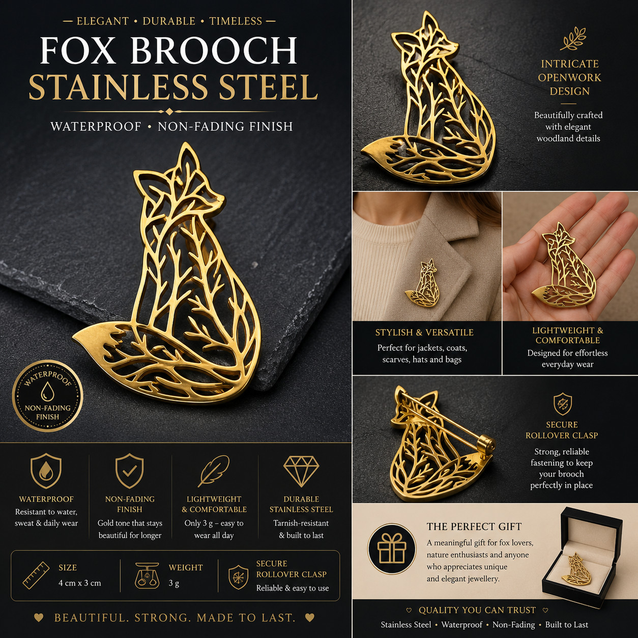 Fox Brooch Stainless Steel Gold Tone Woodland Animal Waterproof Non Fading Pin G