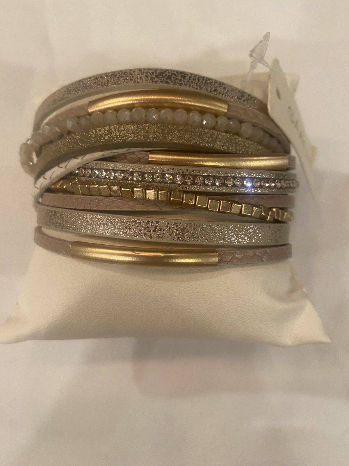 SAACHI Multi Strap Bracelet Vegan Leather Neutral Gold Tan Beaded