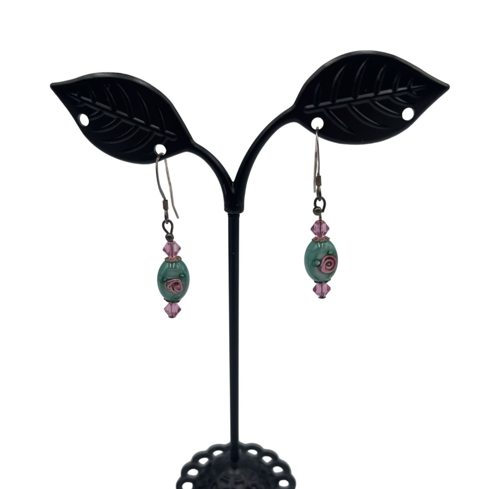 Teal Green Pink Floral Accent Art Glass Beaded Necklace Earring Silver Tone Set