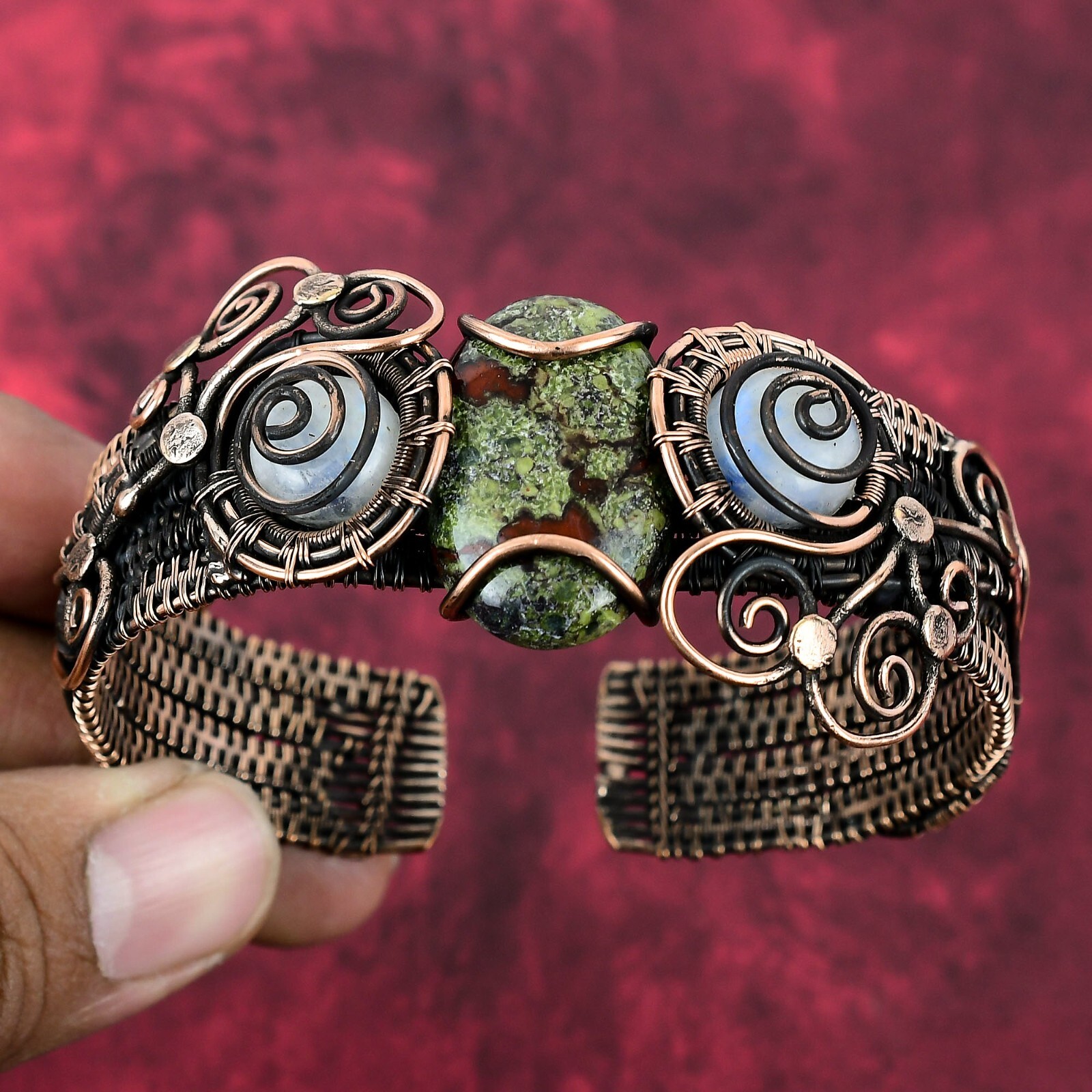 Dragon Bloodstone Cuff Bracelet Moonstone Copper Wire Wrapped Adjustable Jewelry