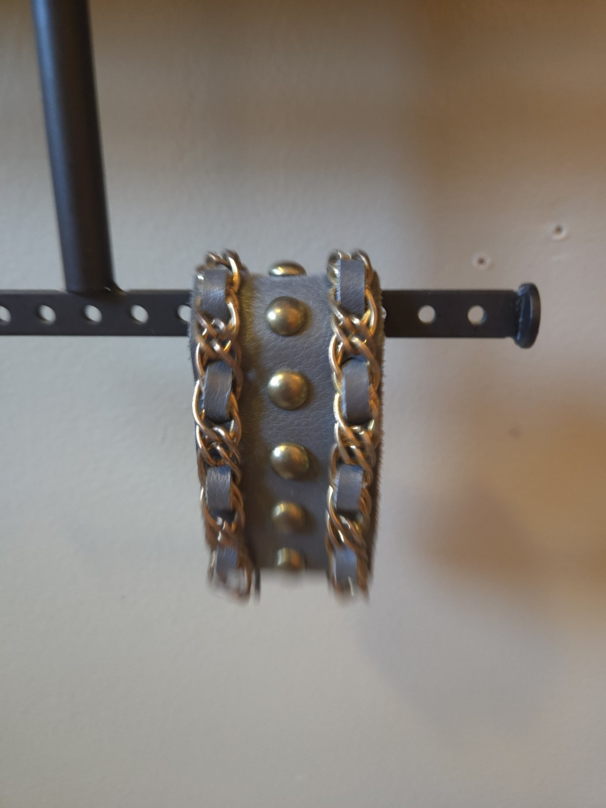 Gray Faux Leather Cuff Bracelet Gold Chain Studded Wide Wrap Snap Closure Boho