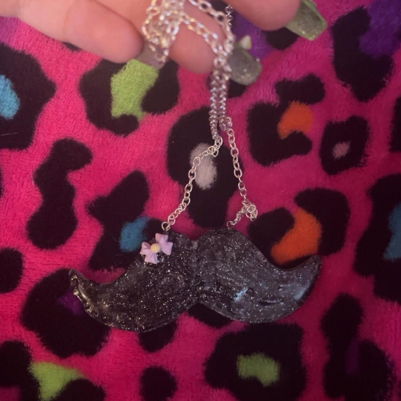 Handmade black glittery mustache necklace with bow