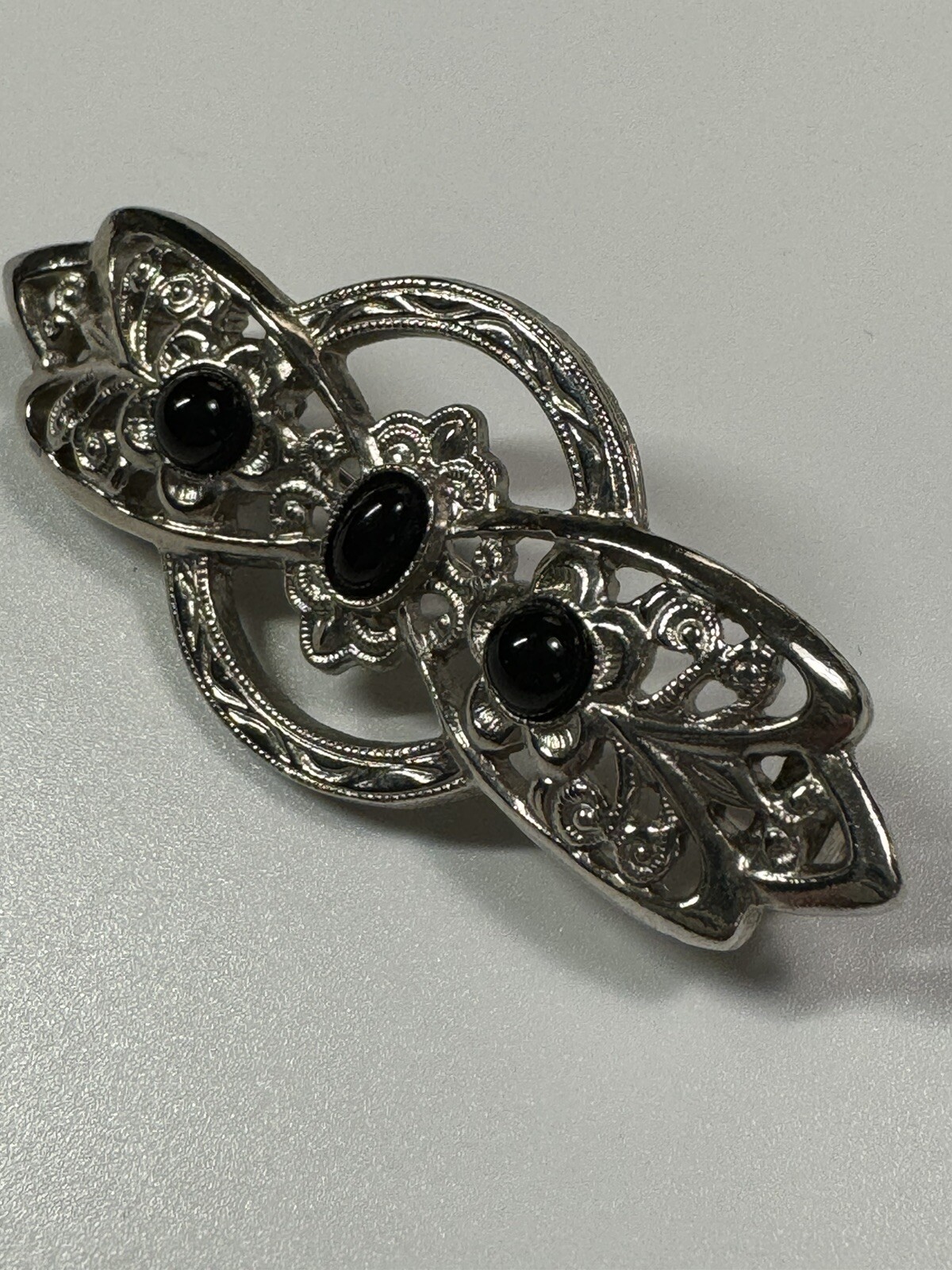Vintage Silver Tone Brooch Bow Pin w/ Black Faux Onyx, Gothic, Victorian Style