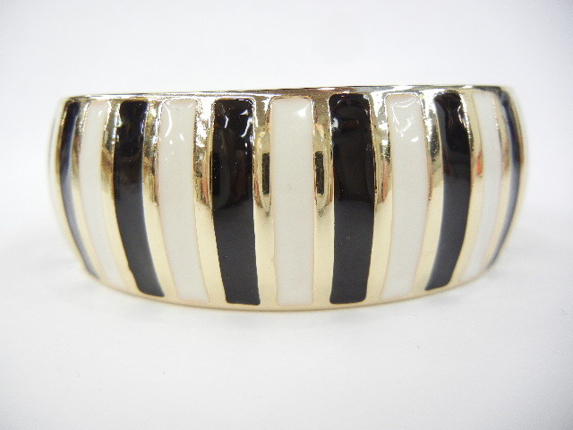 Modernist Black Ivory Gold Tone Striped Enamel Bracelet Spring Hinge Bangle