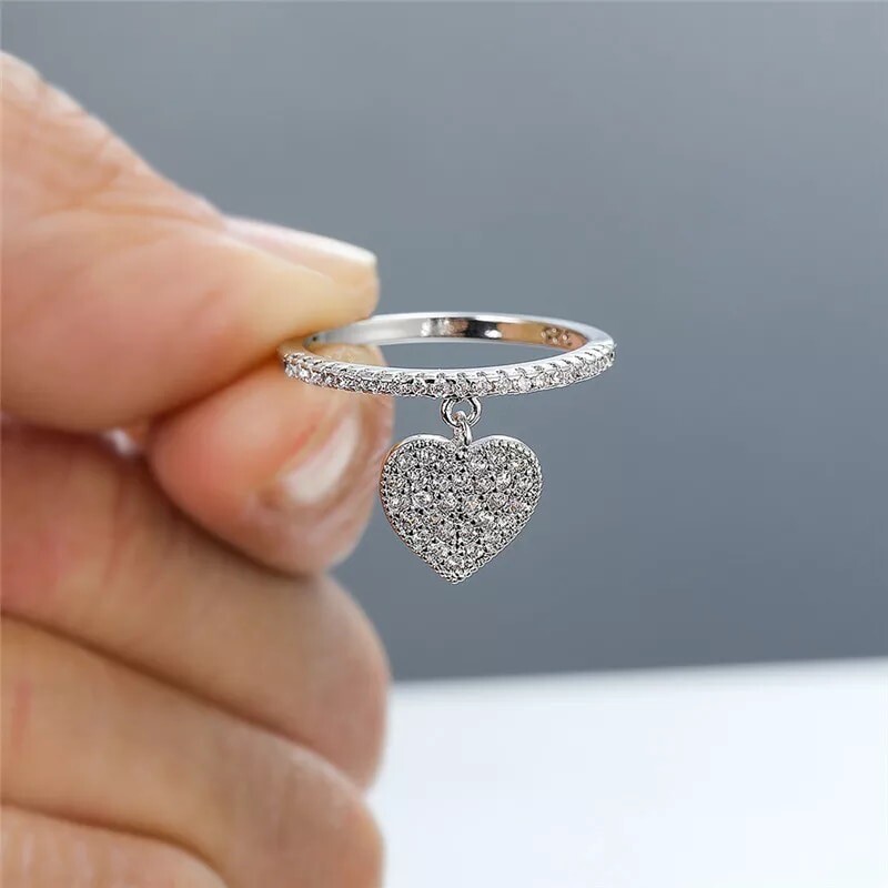 ZARD Heart Dangle Charm Band Ring with CZ Accent in 925 Sterling Silver