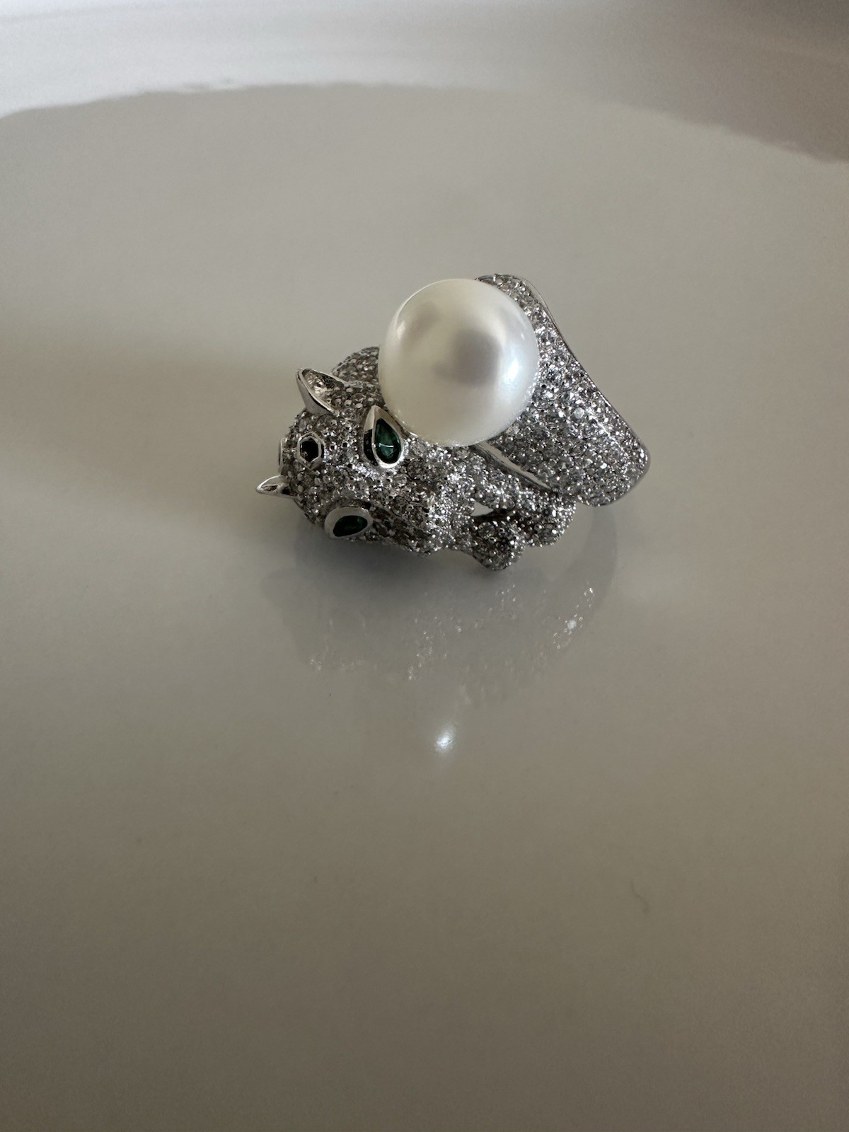 Ring 925 Silver Panther Head, Green Eye Cubic Zirconia With Pearl 7_8 Size