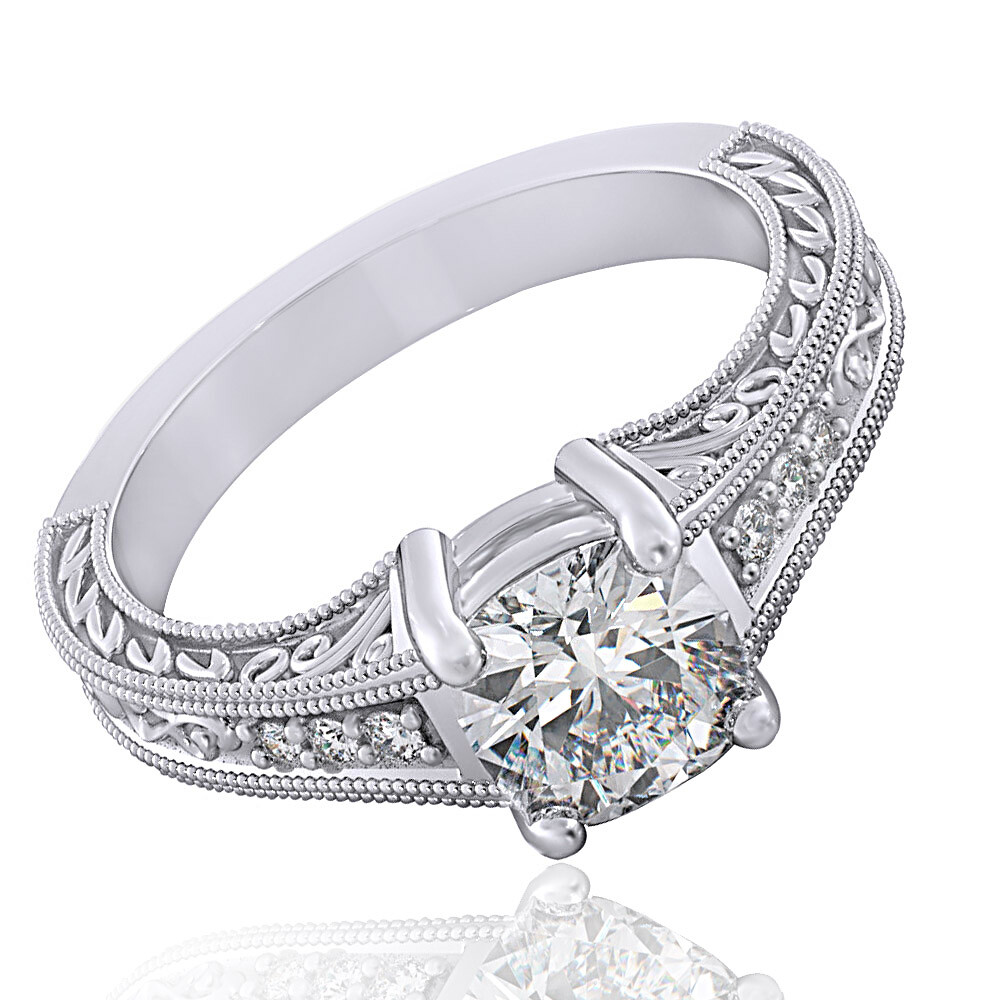 1.58 CT Cushion Cut 14K White Gold Filigree Engagement Ring