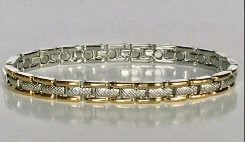 Magnetic Bracelet STAINLESS STEEL Silver n Middle Gold Plated Outside Size 7.5″
