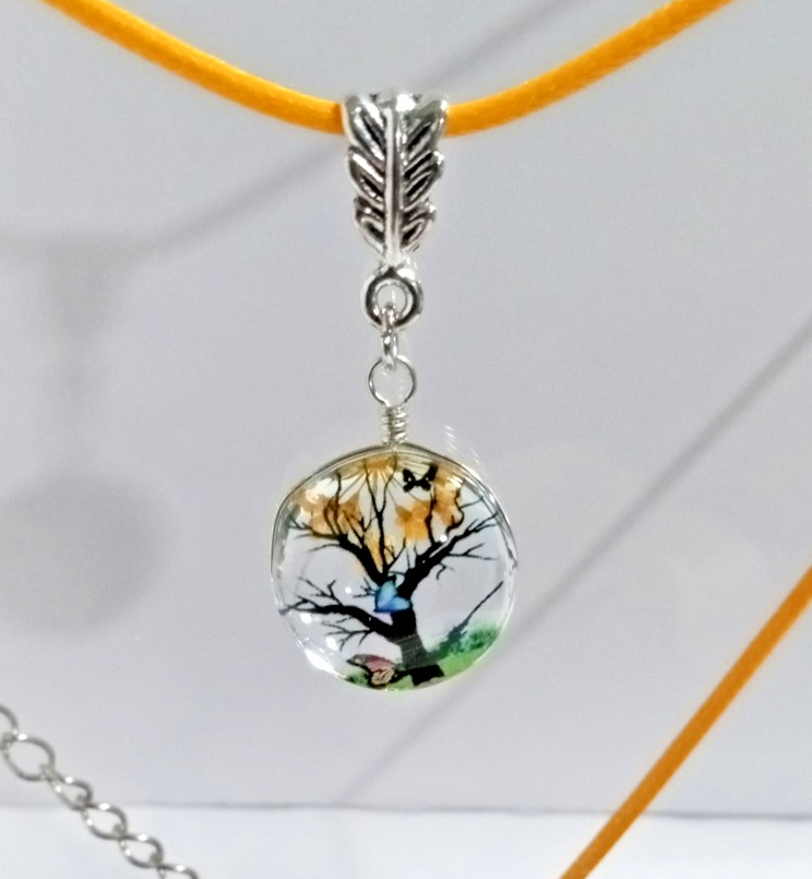 Pressed Flower Tree Charm Pendant Necklace Yellow/Orange Butterfly NEW!
