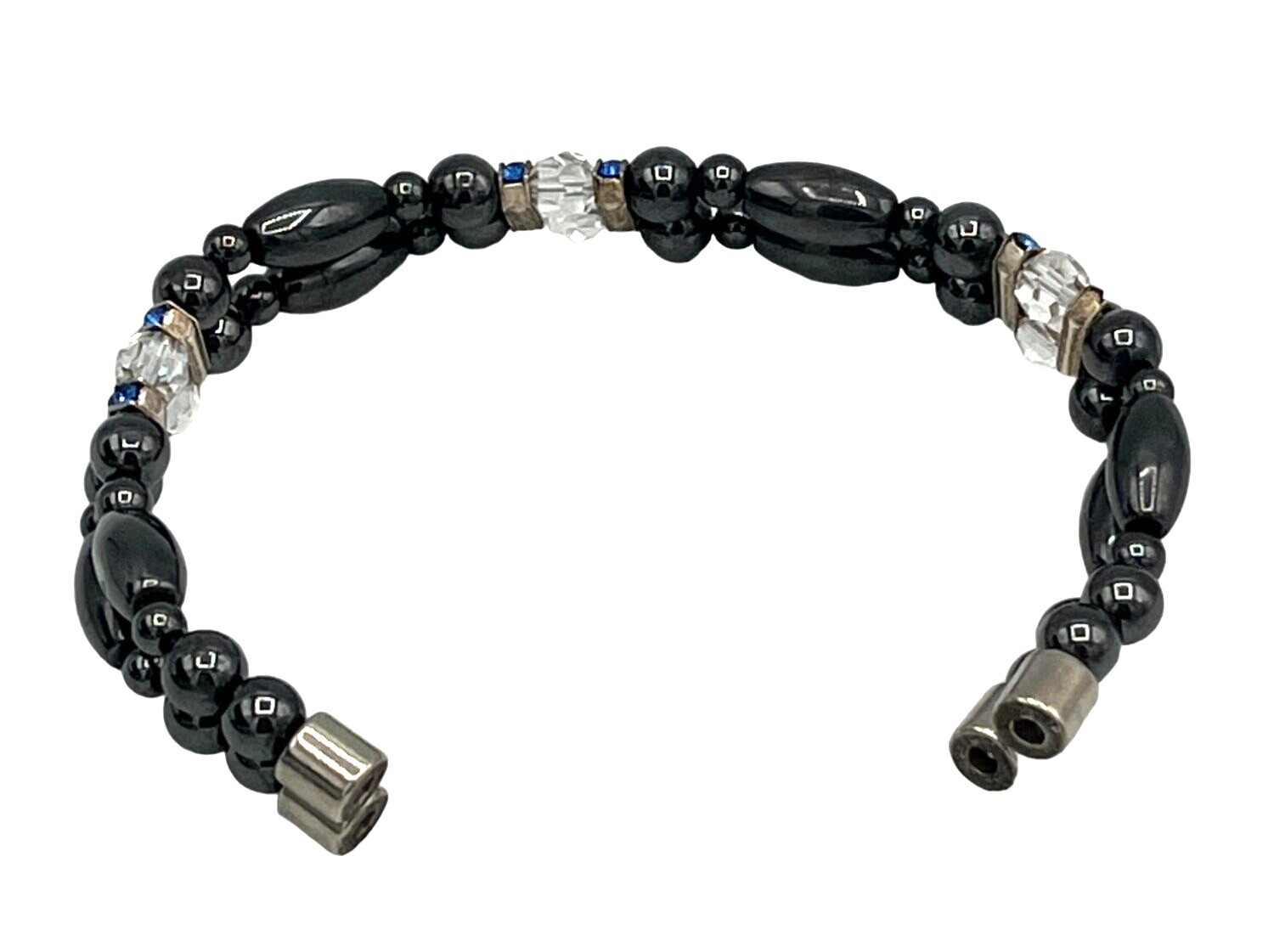 Hematite Crystal Beaded Stretch Bracelet Blue Accent Stones Magnetic Clasp 6 In