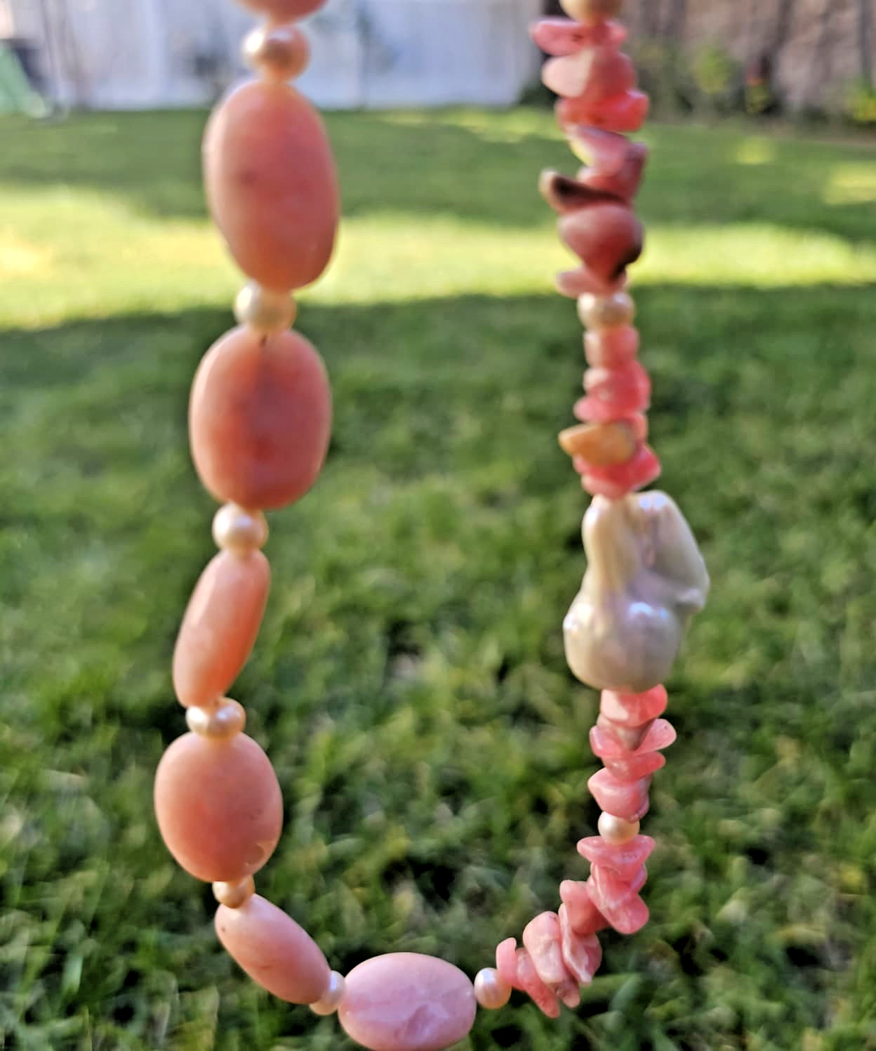 Baroque Pearl, Rose Opal, and Rhodochrosite Beaded Necklace, 20.5 in