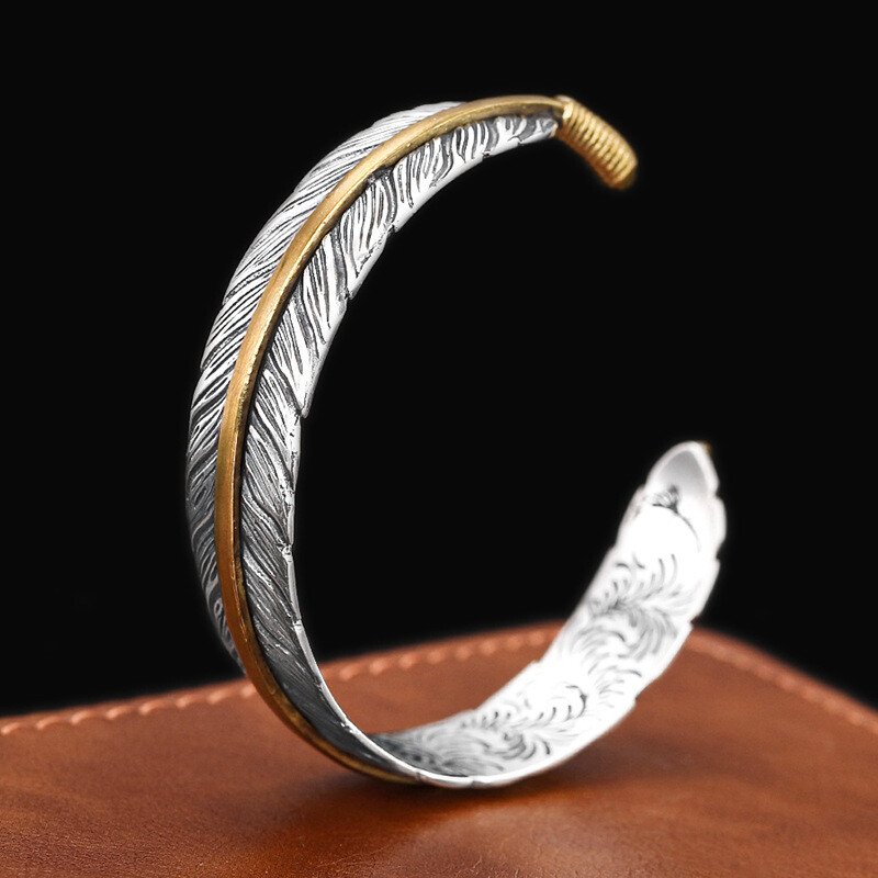 Men’s Retro Silver Feather Adjustable Bangle Cuff Bracelet Fashion Jewelry Gift