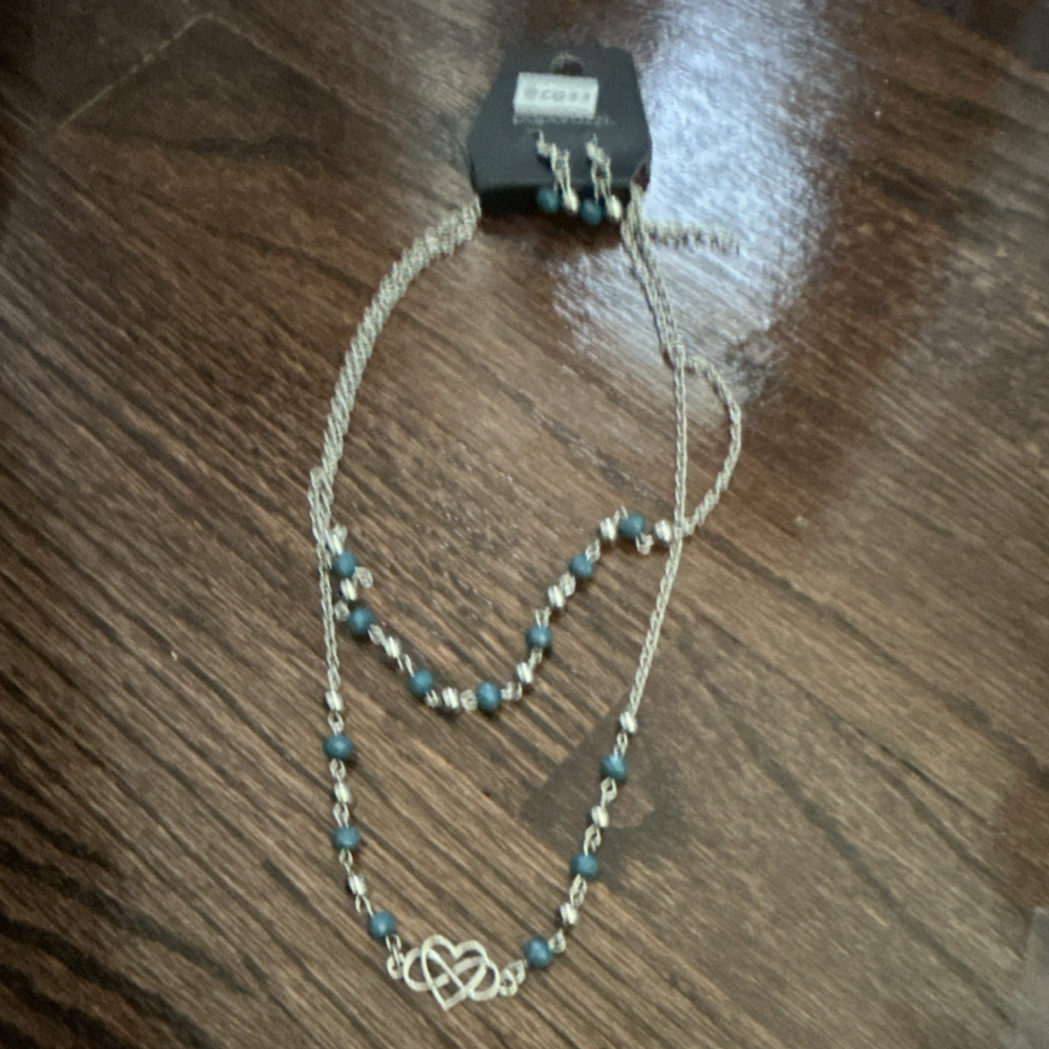 Silver Tone Layered Beaded Necklace, Heart Charm Pendant w/ Blue Beads