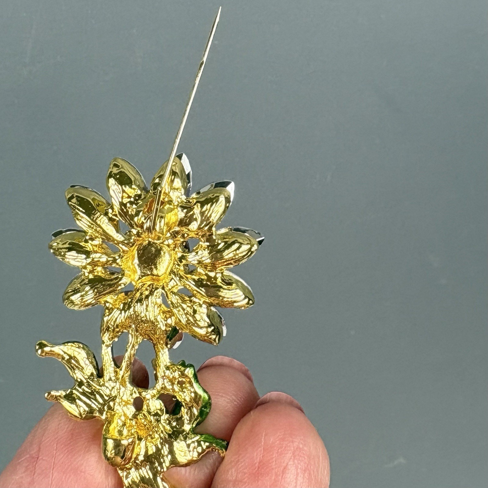 Purple Rhinestone Flower Pin Brooch Green Enamel Leaves Vintage Inspired