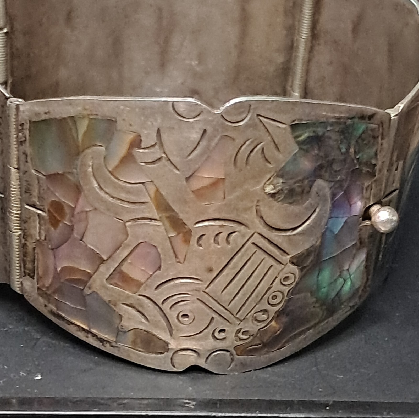 Vtg Mid Century Mexican Sterling Silver Abalone Storyteller Cuff Bracelet 925