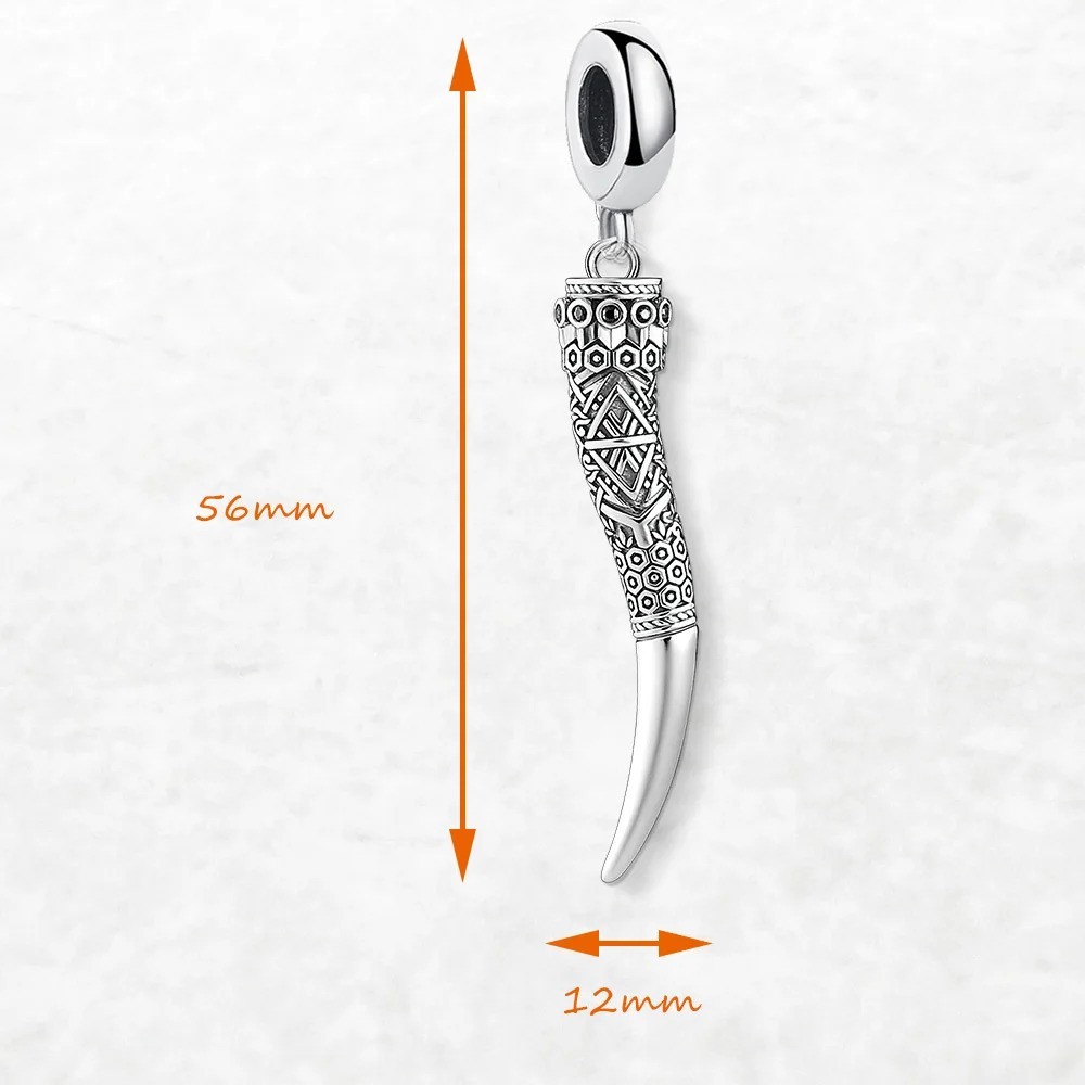 925 Silver Italian Horn Engraved Pendant Charm 2.2 Inch Long Round Bail