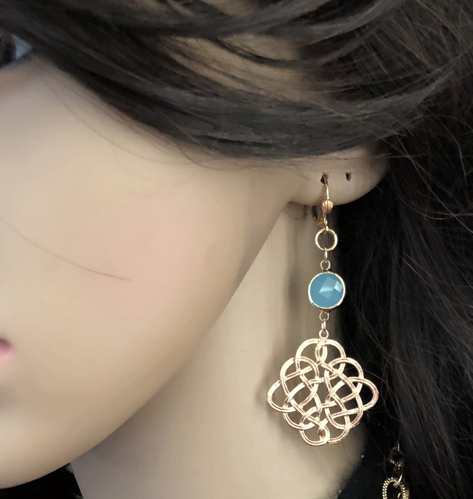Classic , trendy Gold plated brass with blue glass earring, made in USA