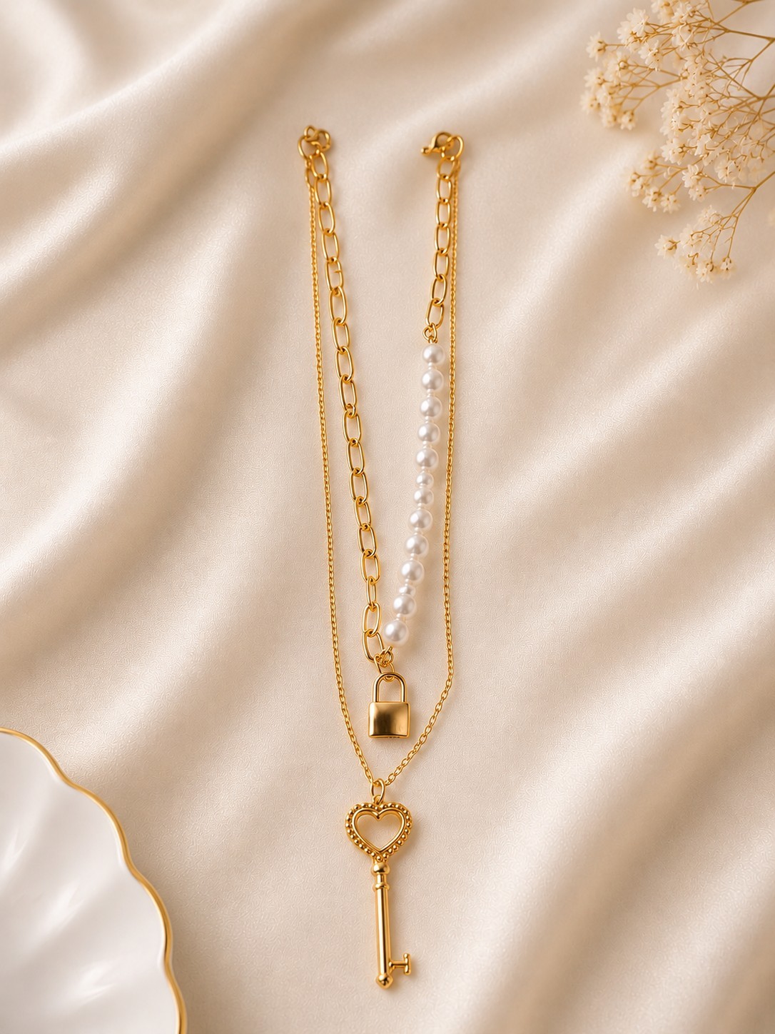 Gold Tone Layered Cable Chain Necklace w/ Key Charm Pendant & White Pearl