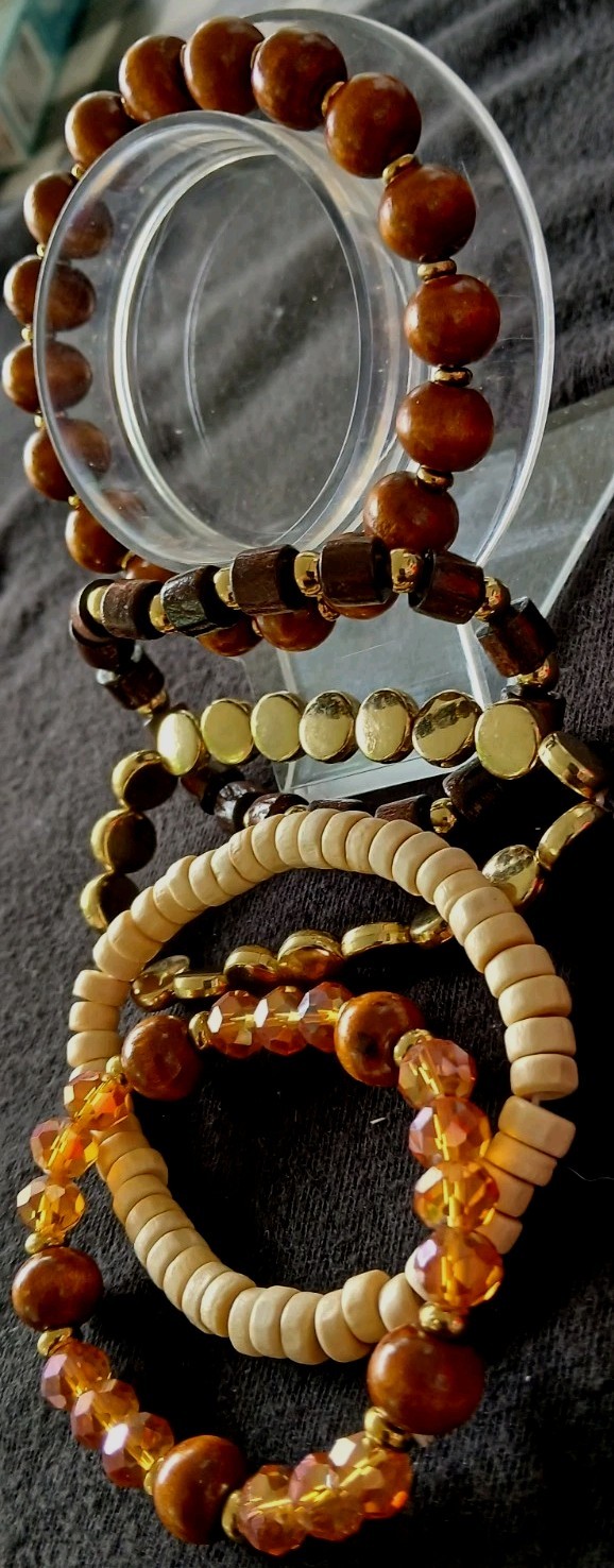 Set Of 5 Brown/Beige/Gold Stretch Beaded Stackable Bracelets