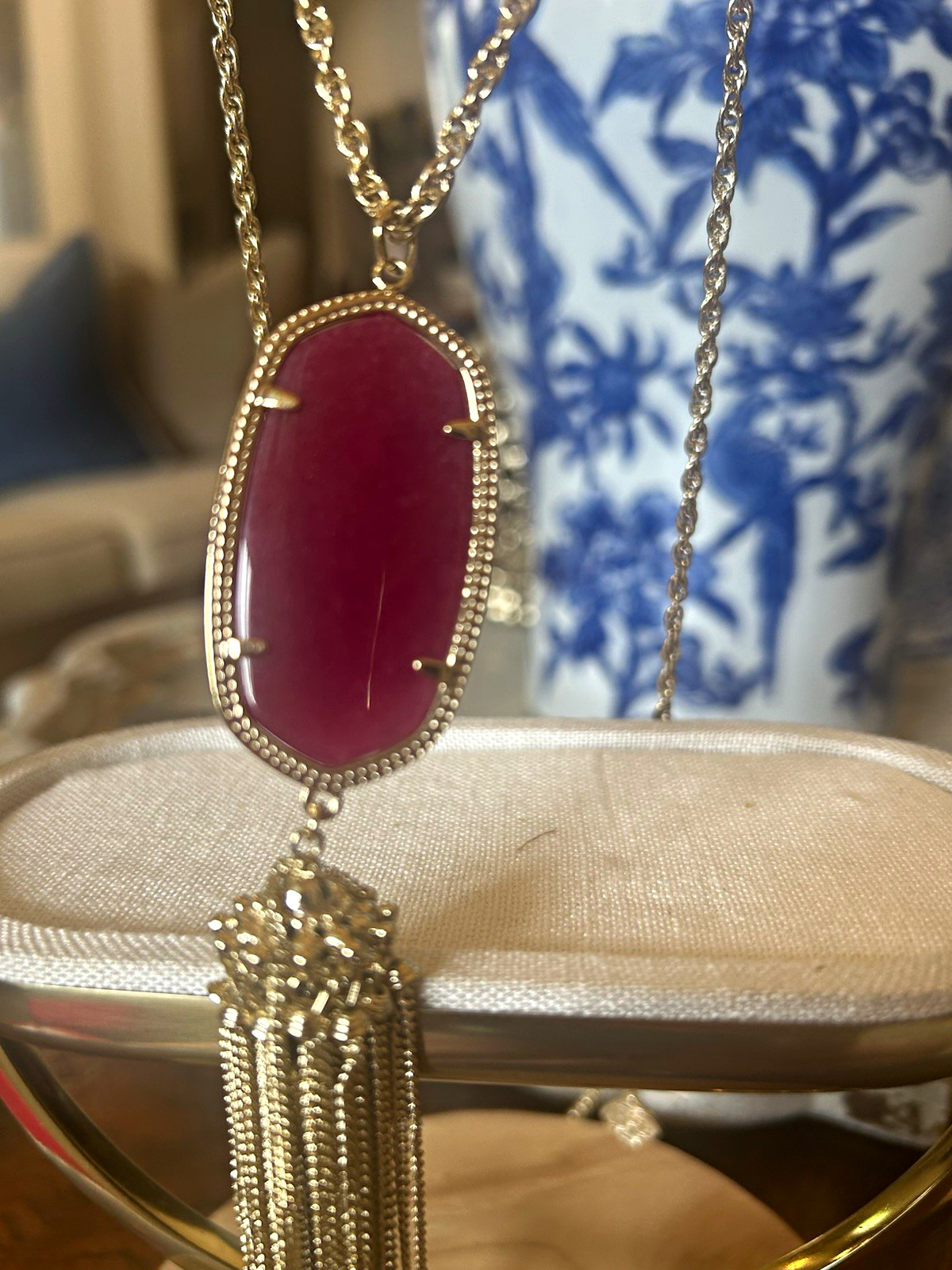 Gold Tone Cable Chain Necklace Red Oval Pendant Tassel Prong Set