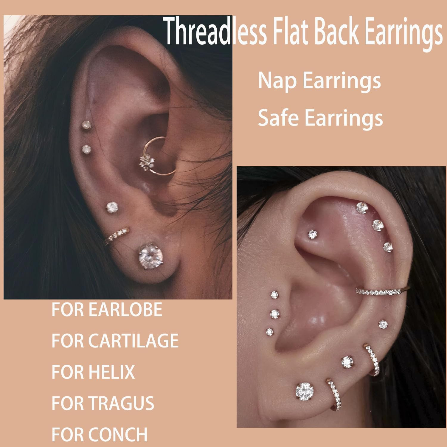 Threadless Flat Back Earrings, Hypoallergenic 14K Real Gold Plated CZ Stud Earri